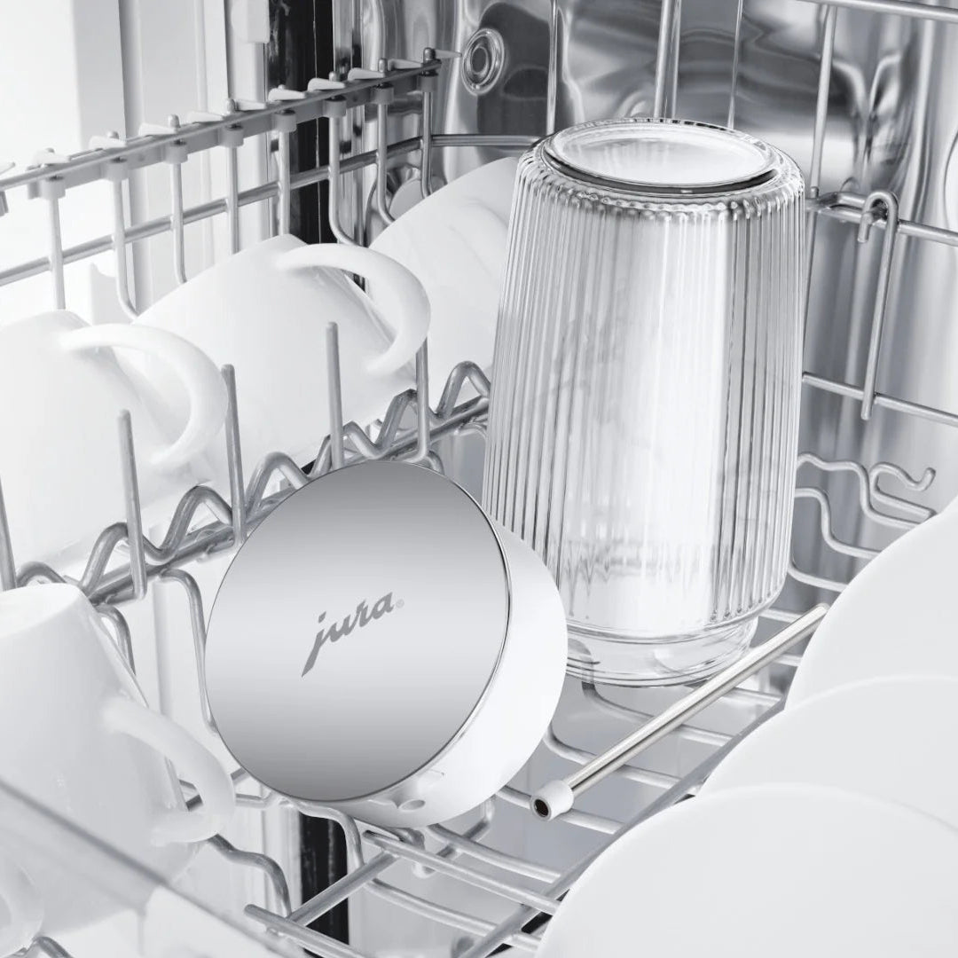 Jura Carafe à lait en verre 0,5 L : couvercle pivotant en acier inoxydable, adaptateurs silicone inclus