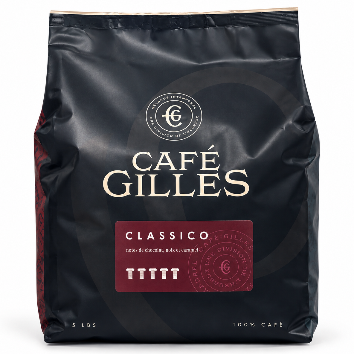 Café Gilles Classico : café en grains torréfaction brune, intensité 2/5, noisette et chocolat au lait
