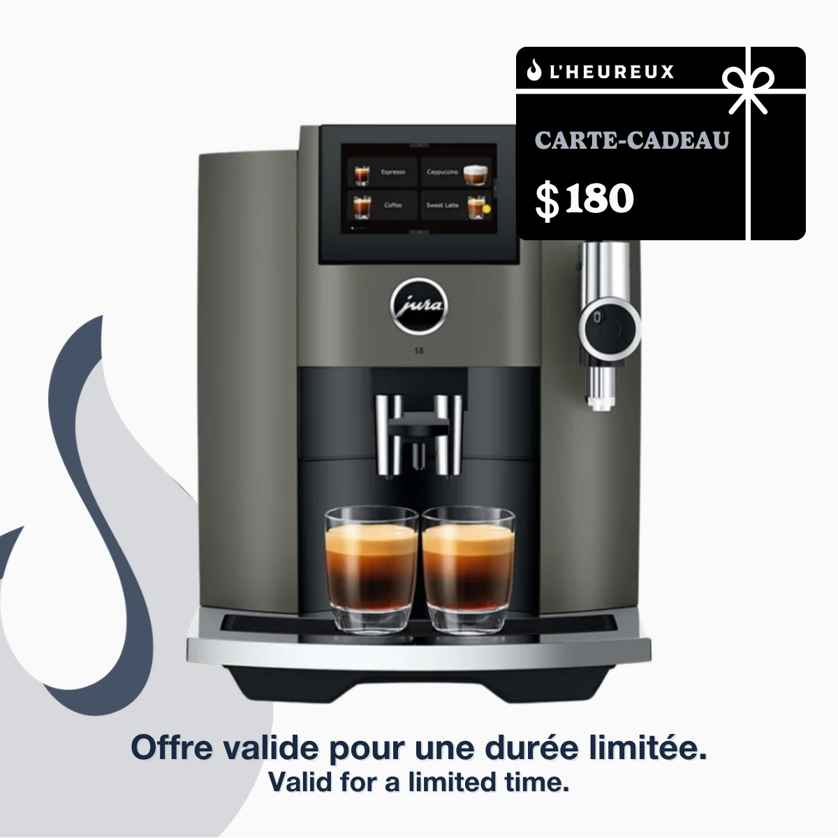Jura S8 — Machine à espresso automatique à grains, écran tactile 4,3" et Wi-Fi Connect | Carte-cadeau de 180 $ incluse