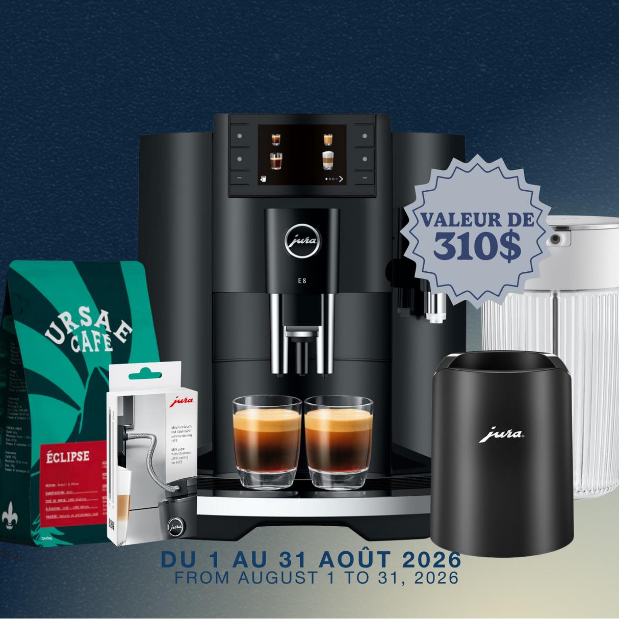 Jura E8 — machine à espresso super-automatique, moulin conique P.A.G.2, réservoir 1,9 L