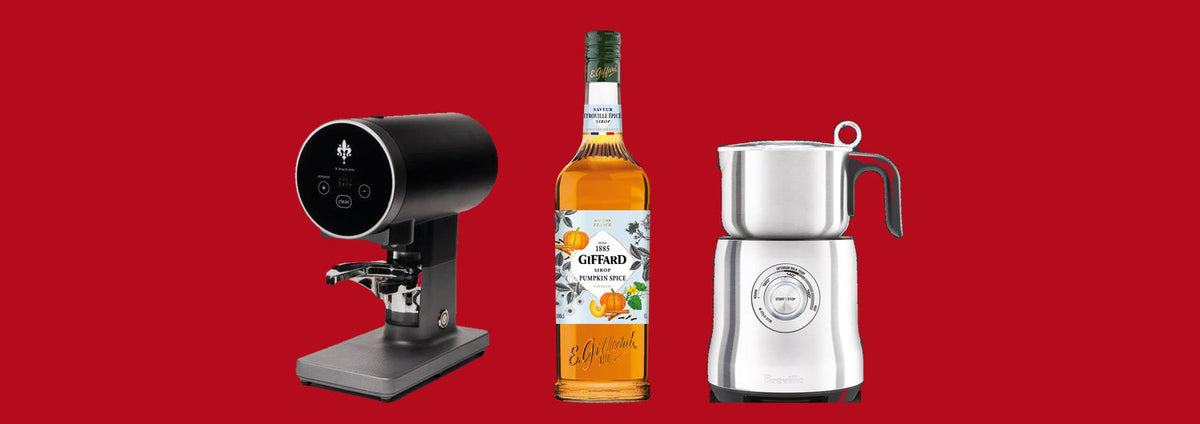 Compacteur Eureka Disko, sirop Giffard Citrouille épicée et mousseur à lait Breville Milk Cafe