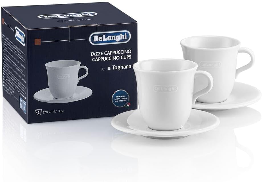 DeLonghi - Lot de 2 tasses à cappuccino et soucoupes en porcelaine blanche (270 ml)