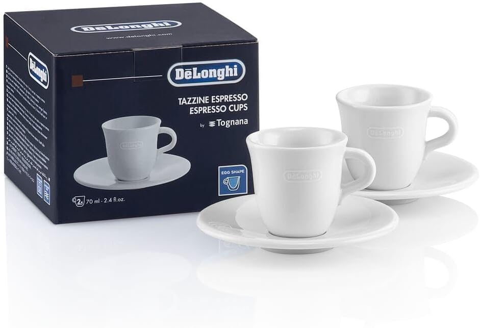 DeLonghi - Lot de 2 tasses à espresso et soucoupes en porcelaine blanche (70 ml)