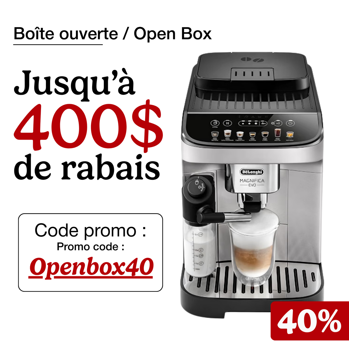 DeLonghi Magnifica Evo Milk : machine à espresso automatique, système LatteCrema Hot, moulin intégré 13 réglages (boîte ouverte)