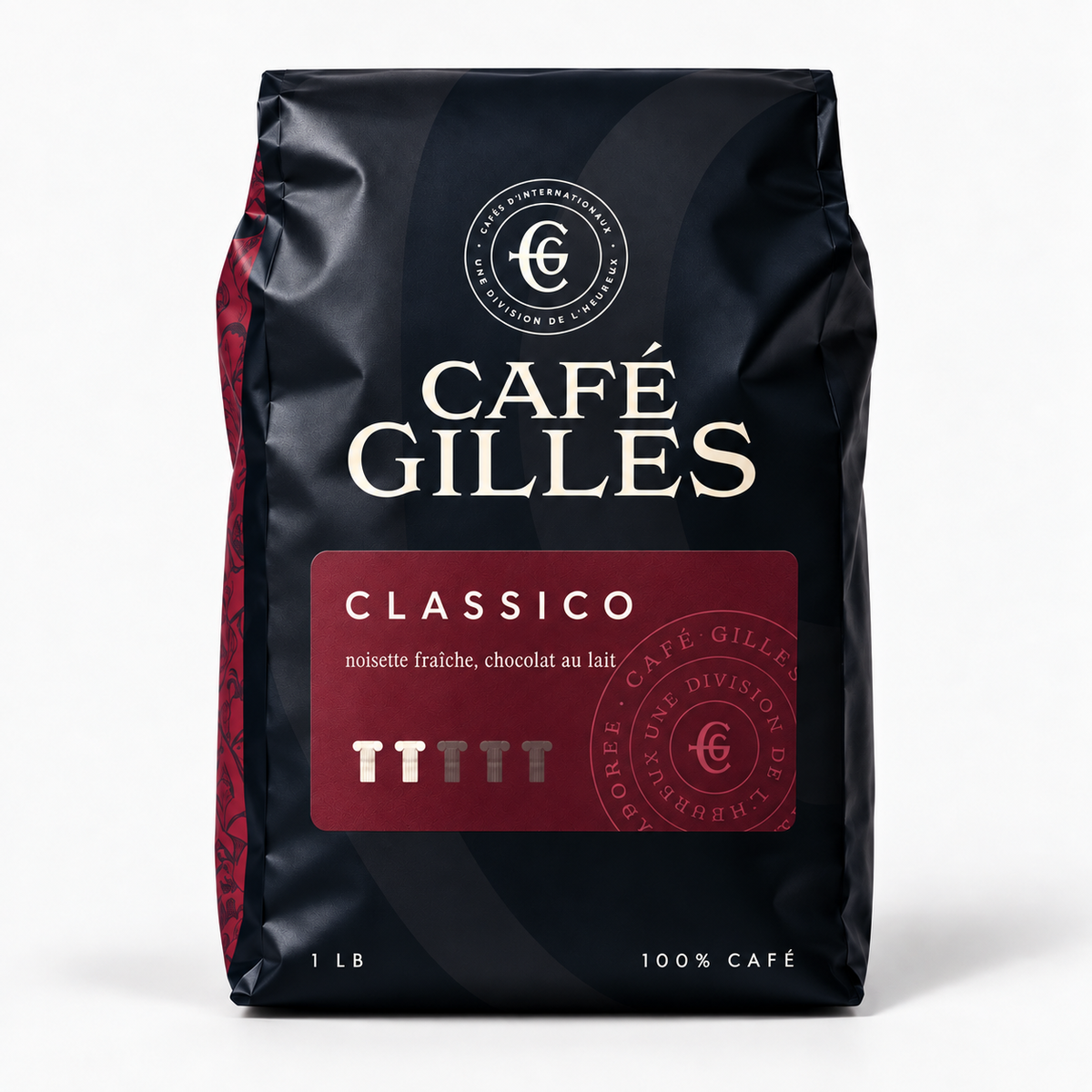 Café Gilles Classico : café en grains torréfaction brune, intensité 2/5, noisette et chocolat au lait