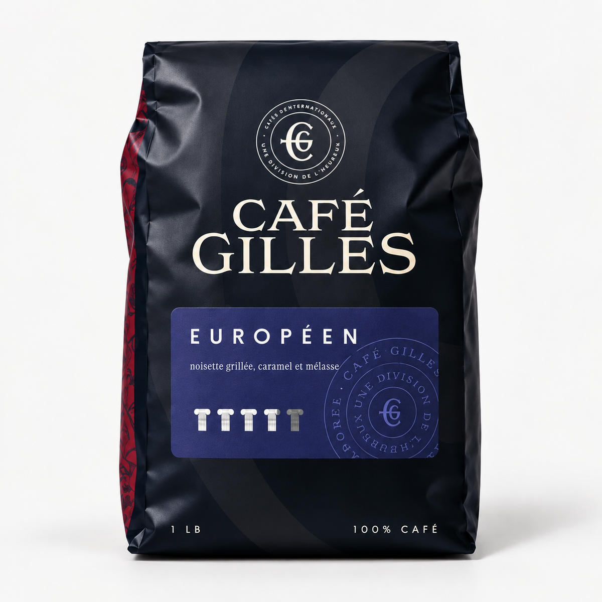 Café Gilles Européen : café espresso en grains torréfaction mi-noire, intensité 4/5, noisette grillée et caramel