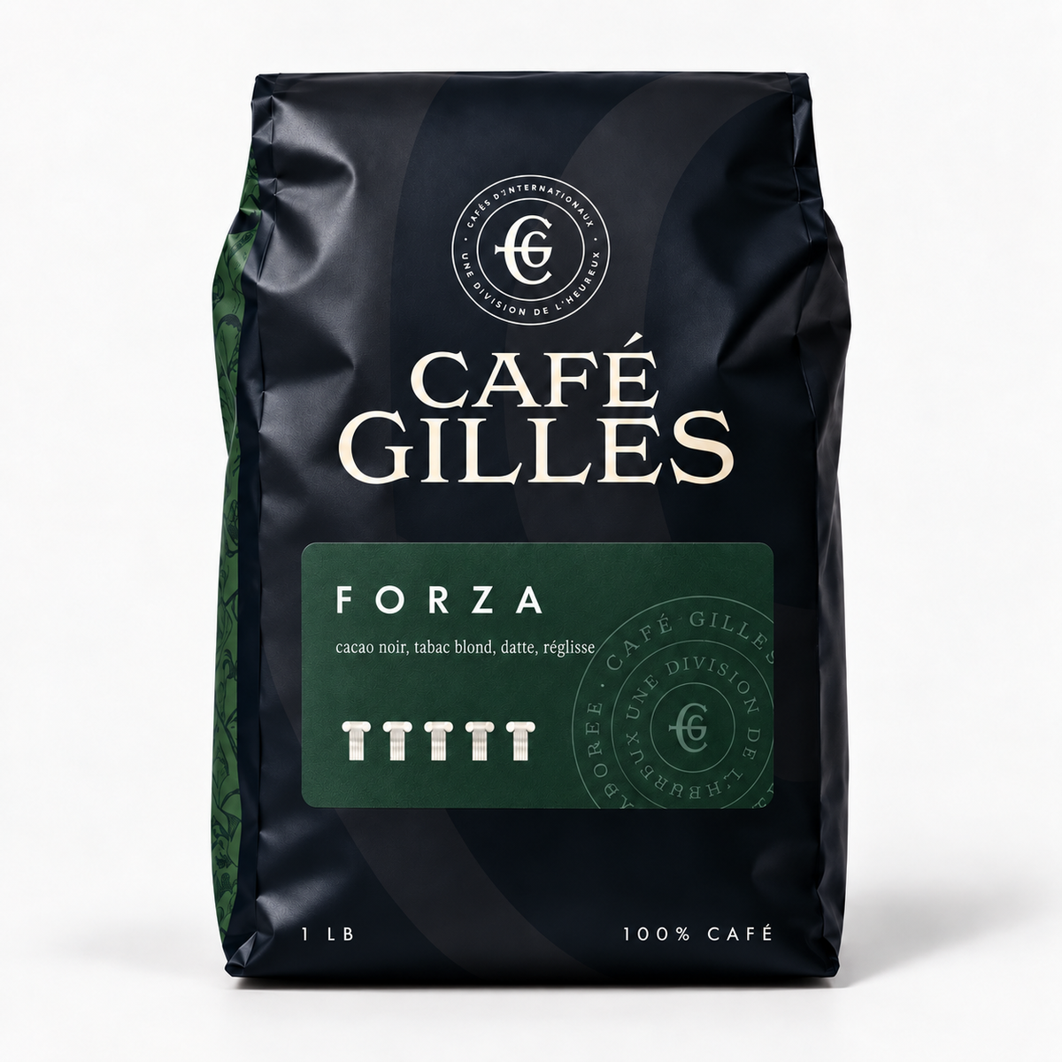Café Gilles Forza : café en grains à torréfaction noire, force 5/5, torréfié au Québec