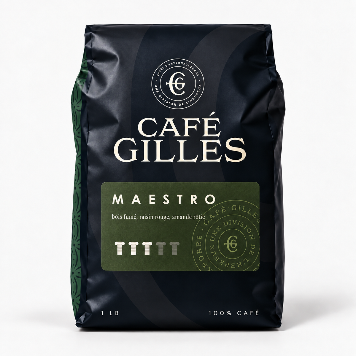 Café Gilles Maestro : café d'Éthiopie en grains torréfaction mi-noire, intensité 3/5, bois fumé et raisin rouge