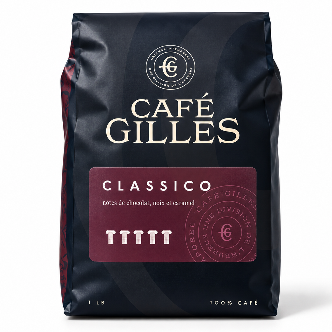 Café Gilles Classico : café en grains torréfaction brune, intensité 2/5, noisette et chocolat au lait