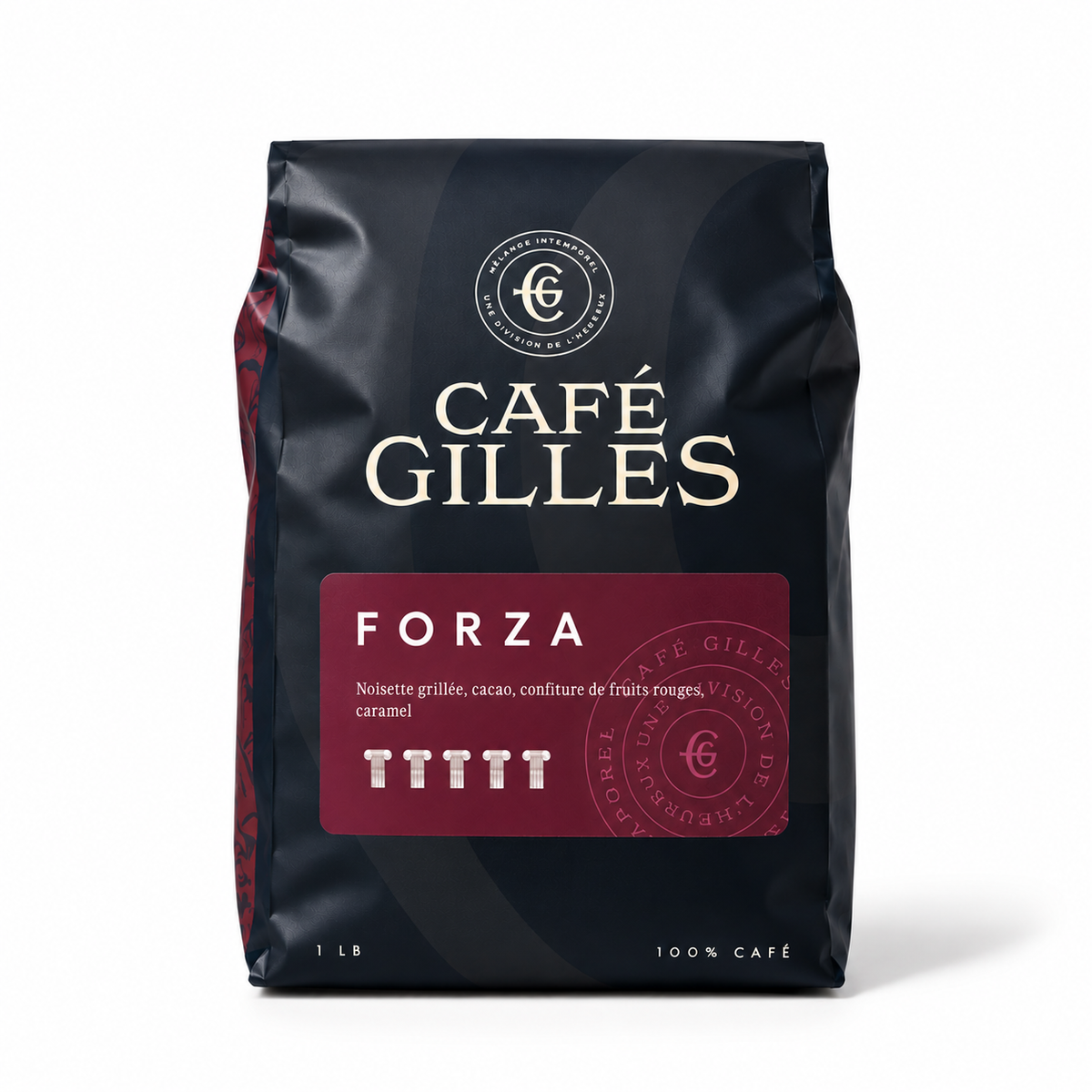 Café Gilles Forza : café en grains torréfaction noire, intensité 5/5, cacao noir et réglisse