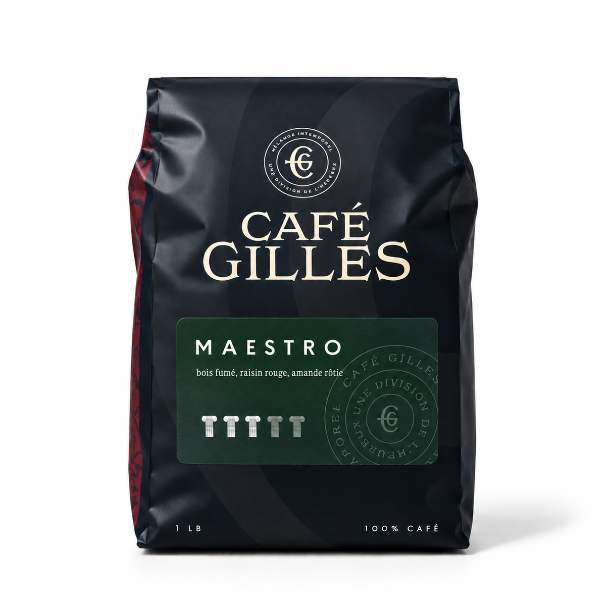 Café Gilles Maestro : café d'Éthiopie en grains torréfaction mi-noire, intensité 3/5, bois fumé et raisin rouge