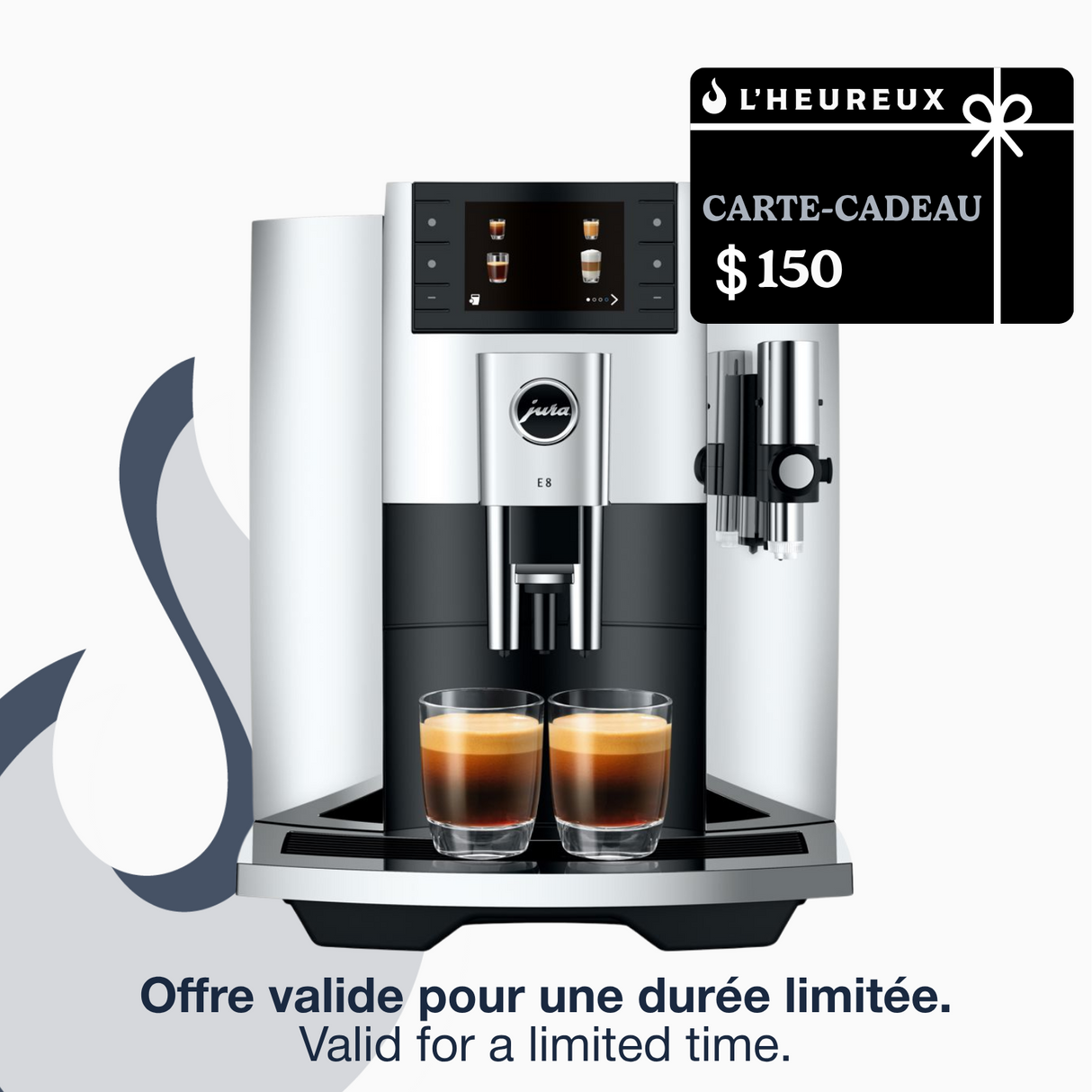Jura E8 : machine à espresso super-automatique, moulin conique P.A.G.2, réservoir 1,9 L   | Carte-cadeau de 150 $ incluse
